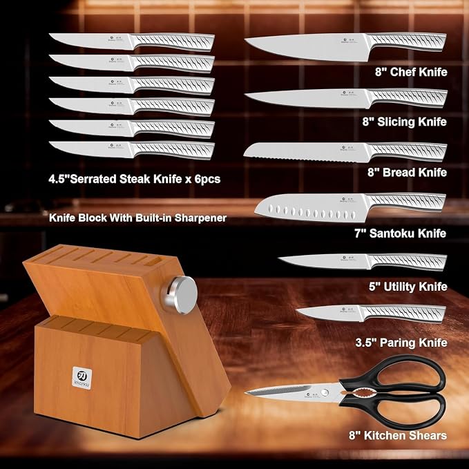 imarku 14-Piece Knife Set. Pro power, home ease | Self-sharpening builds skill. Razor-sharp high carbon steel. Grip boosts confidence. Steady, non-slip prep.