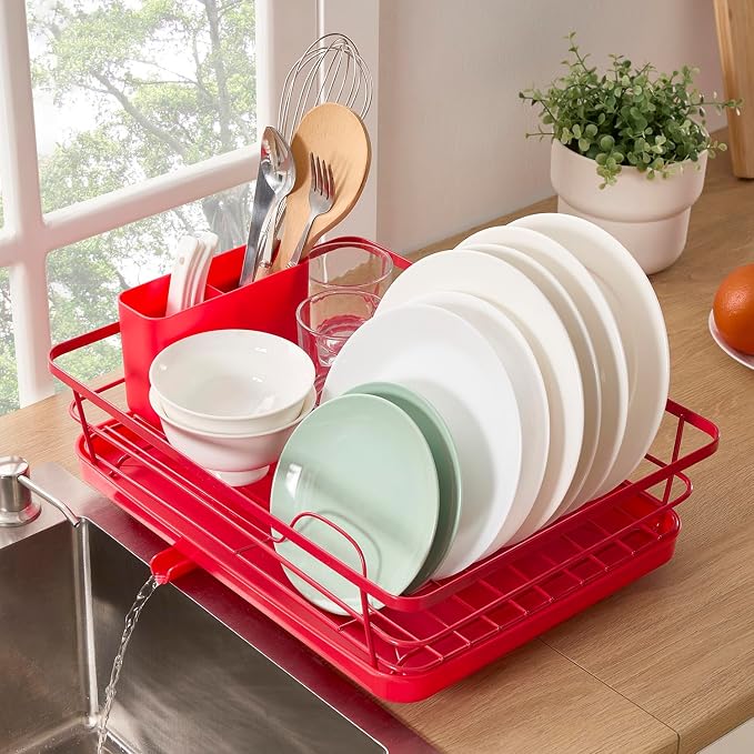 Dish Drying Rack 3 Piece Dish Drainer with Drainboard Set for Kitchen Counter – Dish Rack with Removable Utensil Holder & Swivel Spout for Countertop – DishRack for Plates, Cups & Organization, Red