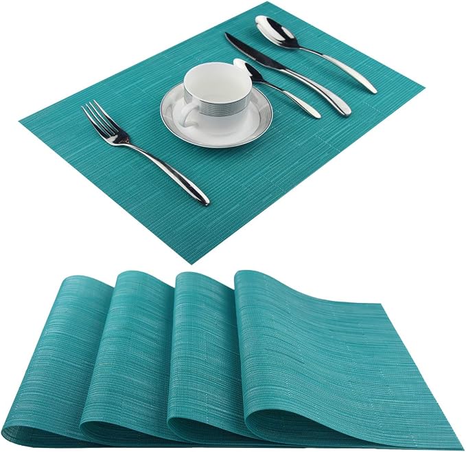 Vinyl Placemats,Washable Table Mats Easy to Clean Woven Placemats for Dining Table Set of 4 (Cyan Blue)