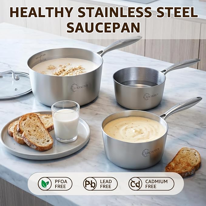 LOLYKITCH 1 & 2 & 3QT Stainless Steel Saucepan Set with Glass Lids | Tri-Ply | Uncoated | Heavy Bottom | Cooking Pots | Metal Sauce Pans for Induction Cooktop | Ergonomic Handle