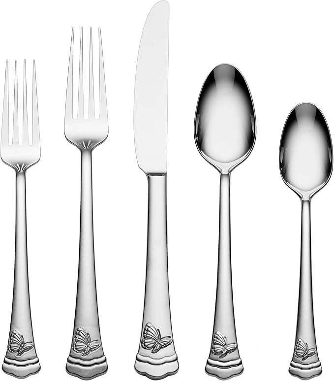 Lenox Butterfly Meadow II 65-Piece Silverware Set for 12, Flatware | mirror finish, dishwasher safe | includes serving spoons and utensil set | heavy duty, cutlery set for kitchen and dining