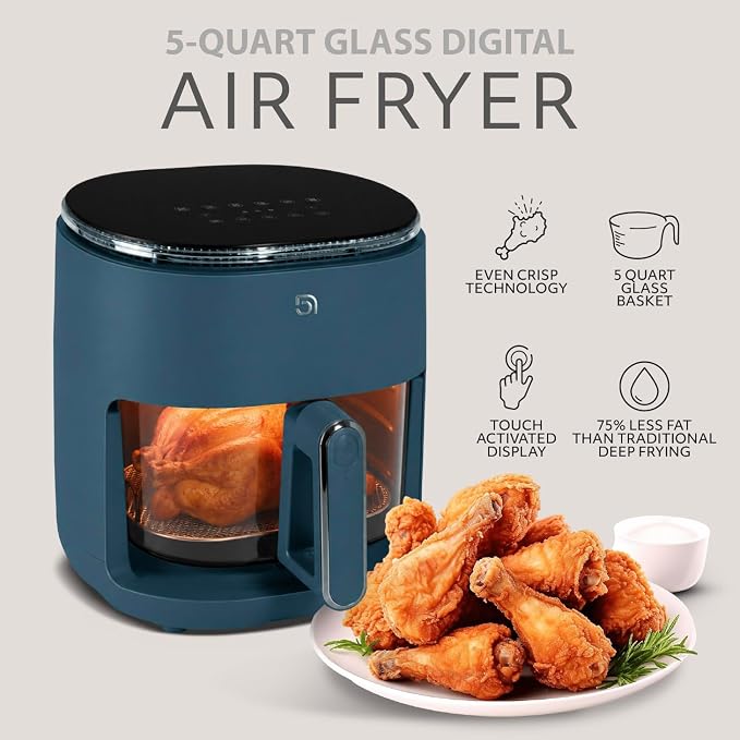 WILLOW Eco Series Glass Air Fryer, 5 Quart Non-Toxic Air Fryer with Glass Basket, 6 One-Touch Presets, 1500W Digital Display, 430°F Max Temp, Preheat & Keep Warm, Dishwasher Safe - Navy Blue