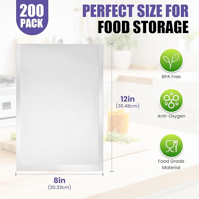 CAREGY Vacuum Sealer Bags 200 Quart | 8" x 12" with BPA Free for Food Storage Meal Prep or Sous Vide