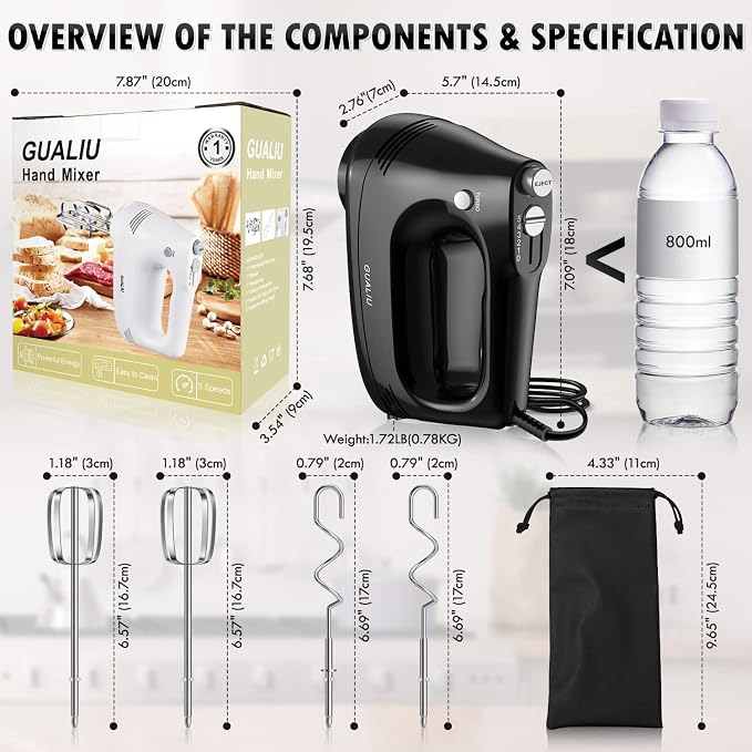 GUALIU Electric Hand Mixer, 304*(2* Beaters, 2* Dough Hooks), (1* Storage Bag) Handheld Mixer for Baking Cakes, Eggs, Cream Food Mixers, Turbo Boost /5 Speed Kitchen Blender BLACK