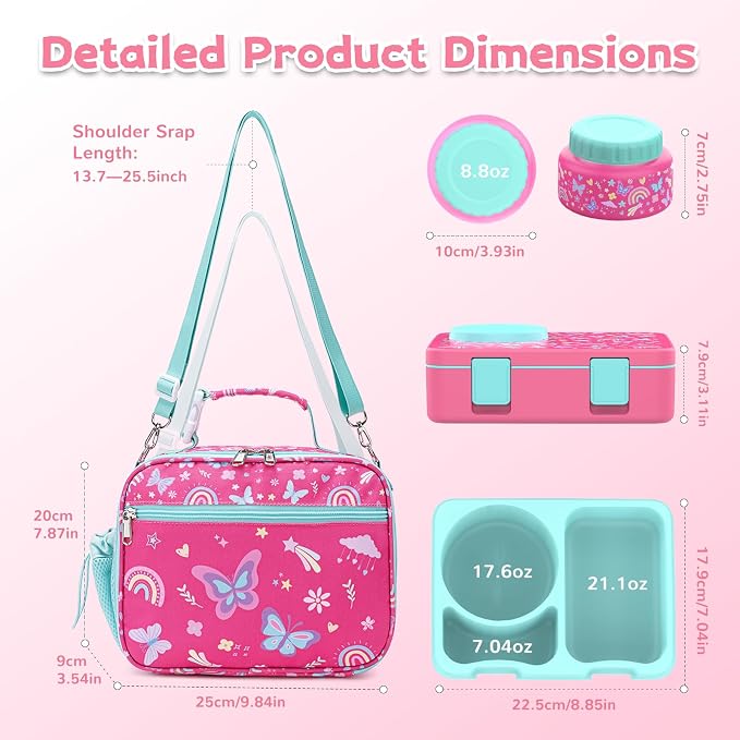Bento Box for Kids, Leakproof Kids Lunch Box with 8.5OZ Thermo Food Jar & Lunch Bag, 3-4 Compartments Toddler Insulated Lunch Box for Girls, BPA Free Lunch Containers for School Daycare