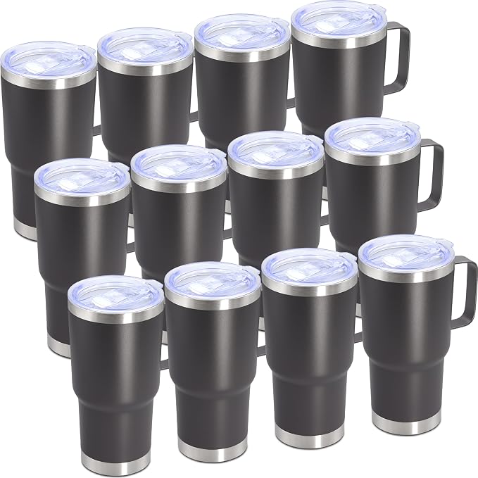 20 oz Tumbler with Handle Coffee Tumblers with Lid Travel Mug Grey 12P | 20oz Tumblers with Handle Double-Wall Insulated Vacuum Coffee Mugs Stainless Steel Tumbler with Handles&Lid Grey 12P