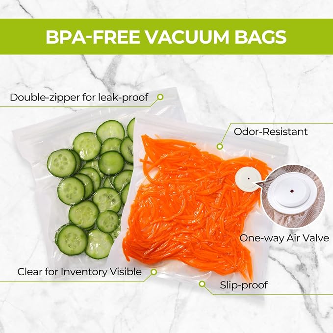 Reusable Vacuum Sealer Bags for Food, 50 BPA-Free Food Storage Bags | 2 Sizes, Double-Zip Valve Design, Leak-Resistant, Odor-Resistant, Freezer Storage For Meal Prep, Leftovers And Sous Vide