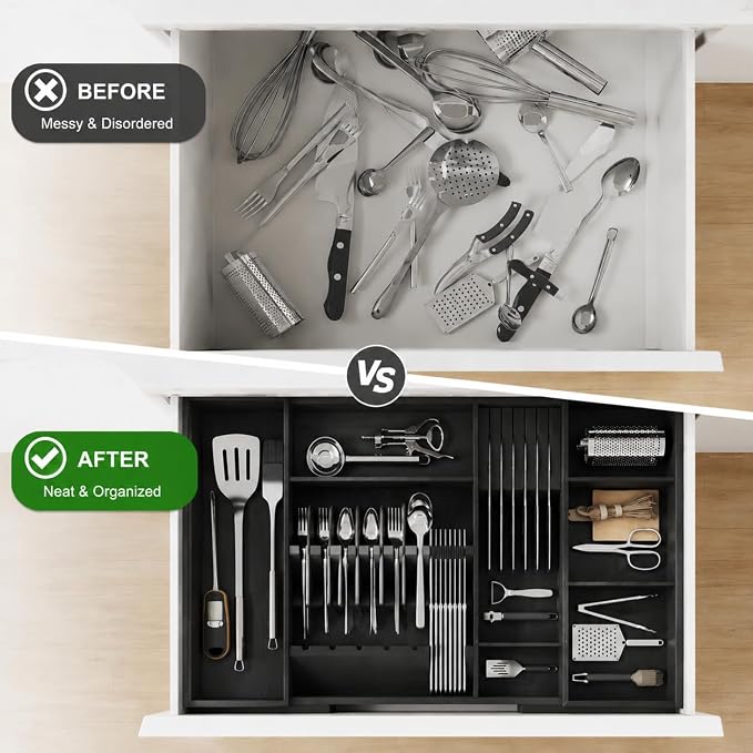 Bamboo Expandable Kitchen Drawer Organizer, 17.7-29.5 in,Black | 5-8 detachable slots, equipped with dedicated tool slots for butter knives, storing tableware and saving space