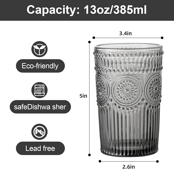 ZMOWIPDL Drinking Glasses Set of 6,13oz Flower Design Grey Glass Cups | Vintage Glassware,Textured Tumblers,Embossed Striped Drinkware for Water,Cocktails,Juice,Iced Coffee