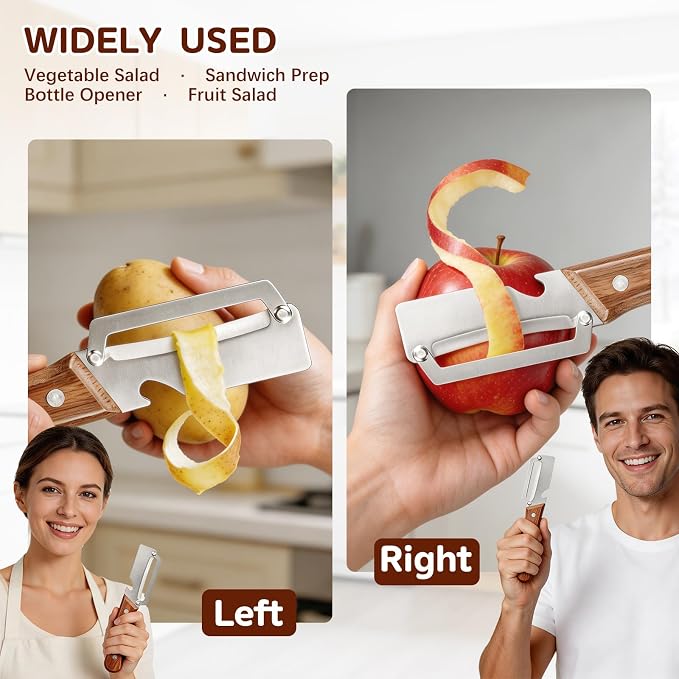 Left & Right Hand Vegetable Peeler Set with Bottle Opener, Thickened Stainless Steel Wide Blade for Smooth Peeling, Wooden Handle Kitchen Peeler for Fruits & Vegetables