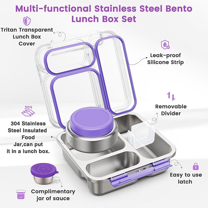 Stainless Steel Bento Box Kids Adult with 7oz Soup Thermo, Transparent Lid 3 Compartments Metal Bento Lunch Box with Insulated Food Jar,Lunch Box Container Sauce Cup for School,BPA-Free(Purple)