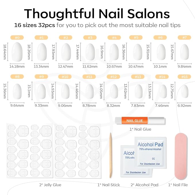 modelones Short Press on Nails, Oval Fake Nails Kit Nails Press Ons | with Nail Glue, Adhesive Tabs, Nail File, Prep Pad, Manicure Stick, 32Pcs 16 Sizes, Elegant White, Summer Women Girl Gift