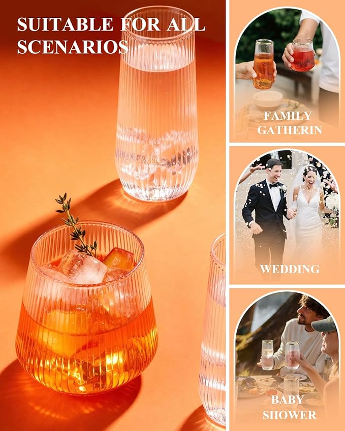 BESTSTAR 96 Pack Clear Plastic Ribbed Origami Ripple Plastic Glasses Set | 48 9OZ Stemless Champagne Flutes & 48 12OZ Cups, BPA-Free Shatterproof Clear Drinkware for Weddings, Parties & Events