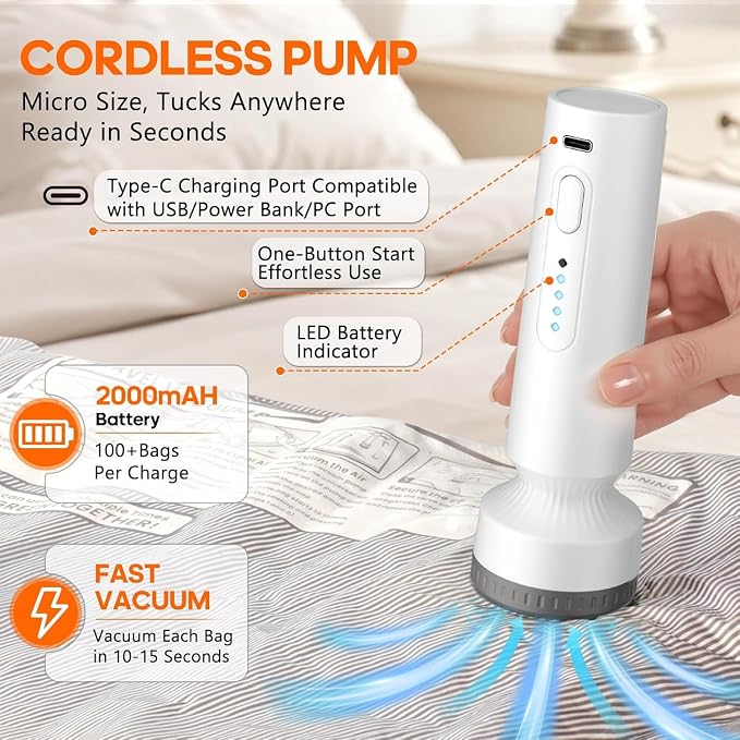 9 Combo Size Vacuum Storage Bags for Travel with Cordless Pump, Space Saver Bags for Clothes, Compression Packing Bags for Luggage
