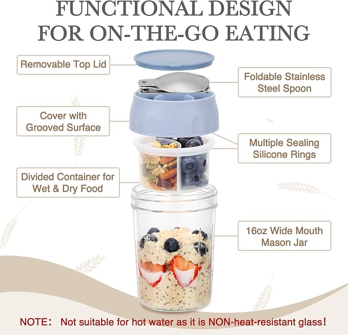 SOLIGT 4 Pack Overnight Oats Containers with Lids, Folding Spoons and Divided Compartments for Fruit & Nuts, Small Glass 16oz Mason Jars for Oatmeal (4 Set-Oat White/Green/Rose/Blue) | Folding Spoons and Divided Compartments for Fruit&Nuts, Small Glass...