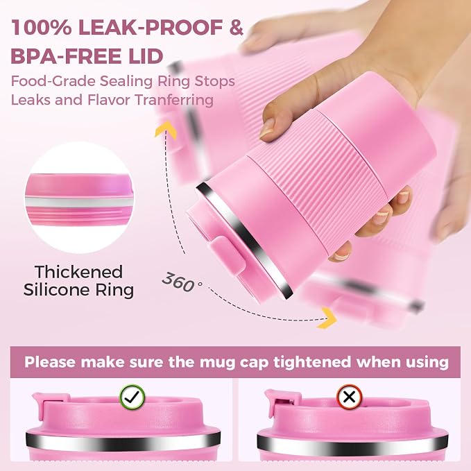 Volhoply 13 oz Stainless Steel Insulated Travel Coffee Mug with Fip Lid,Reusable Double Wall Vacuum Metal Coffee Cup,Portable to Go Leak Proof Cafe Thermal Tumbler for Hot & Cold Drinks(Pink,1)