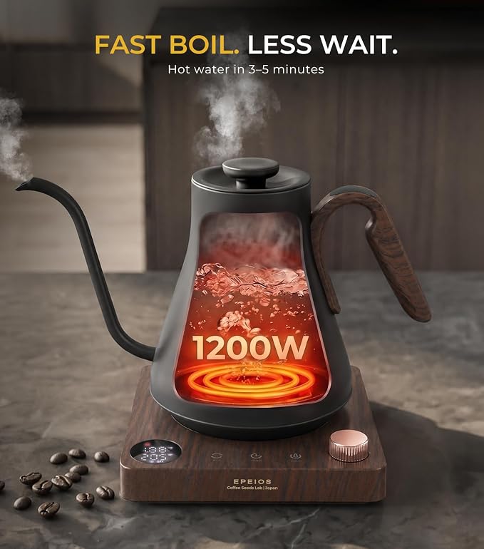 Epeios Gooseneck Electric Kettle Temperature Control,1200W,0.9L,Matte Black | Rapid Heating, for Pour Over Coffee & Tea,Hot water Boiler,Brew Timer, 304 Stainless Steel Interior, Auto Shut-Off