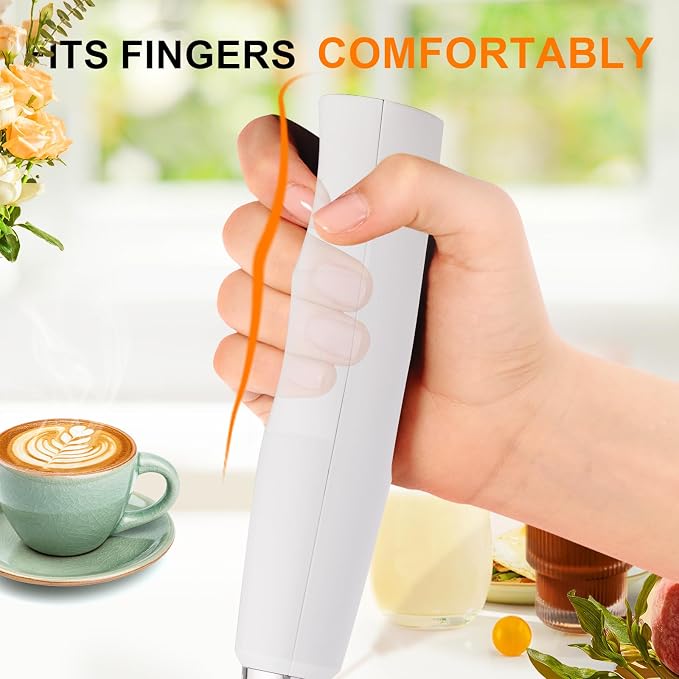 YUSWKO Handheld Milk Frother Wand for Coffee, Rechargeable Electric Whisk with 3 Heads 3 Speeds Drink Mixer Coffee Frother For Latte, Cappuccino, Hot Chocolate, Egg, White with Holder