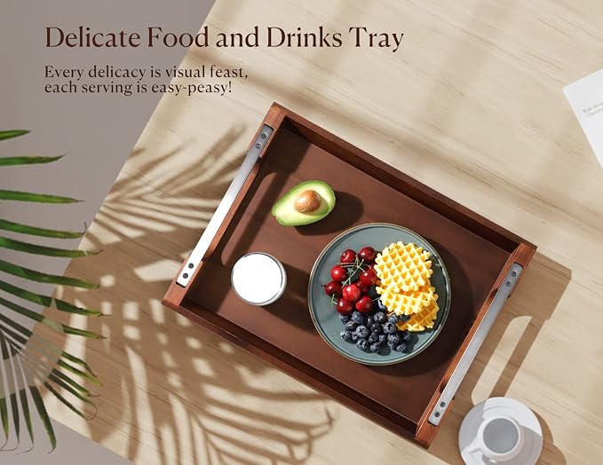 Acacia Wood Serving Tray with Metal Handle, 17x13in Tray for Ottoman | Decorative Food & Drink Tray for Coffee Table, Breakfast, Dinner, BBQ, Party, Lap, Couch, Rustic Home Decor, Elegant Gift Box
