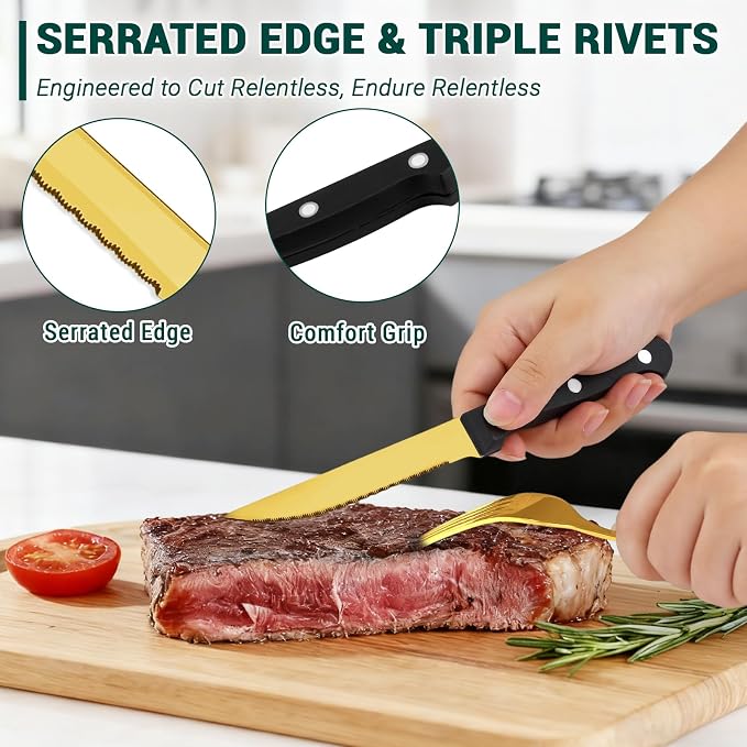BEWOS 48-Pieces Gold Silverware Set for 8 - Stainless Steel Flatware Set with Mirror Polish, Silverware Sets Including Steak Knives, Forks and Spoons, Dishwasher Safe for Restaurant