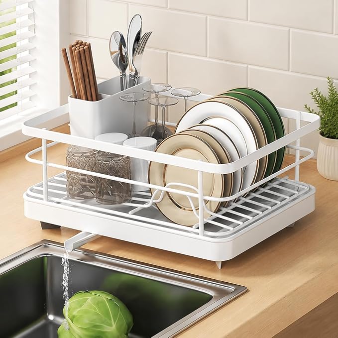Dish Drying Rack for Kitchen Counter, Carbon Steel Sink Organizer with Drainboard & Cutlery Holder, Space-Saving Sturdy Metal Rack for Home Apartment (White)