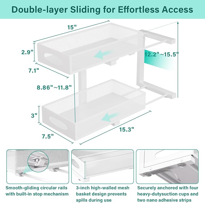 Under Sink Organizer, 2 Pack 2 Tier Metal Slide Out Pull Out Cabinet Organizer Shelf, Height Adjustable Organization and Storage Series, Bathroom/Desktop/Cabinet/Kitchen organization, White