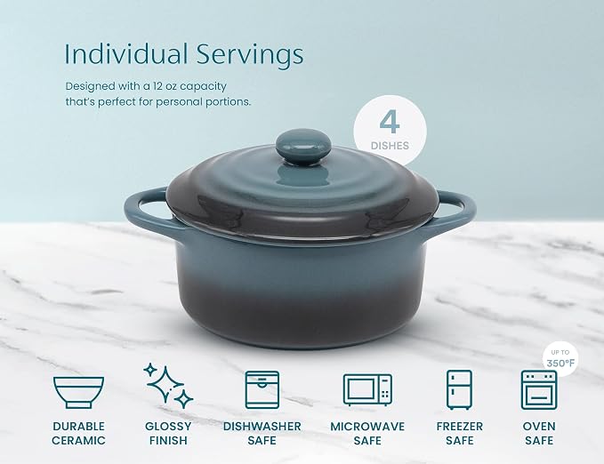 Kook Ceramic Mini Cocotte Set, Small Casserole Dishes with Lids and Handles, Individual Baking Ramekins, Oven safe 350F, Microwave & Dishwasher Safe, Stoneware, 12 oz, Set of 4, (Stone Ombre)