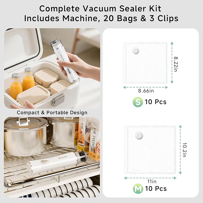 Compact Handheld Vacuum Sealer for Food with 20 Reusable Bags | Powerful 60 kPa suction, Keeps food fresh up to 6X longer, Cordless handheld design, Ideal for meal prep and food storage