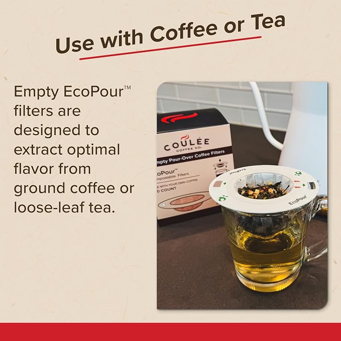 EcoPour All Paper Single-Serve Coffee Filters, Empty, 50 Pack | Use with Coulee Swirl machine or with most mugs. Coffee or loose leaf tea; portable for camping & travel; eco-friendly.