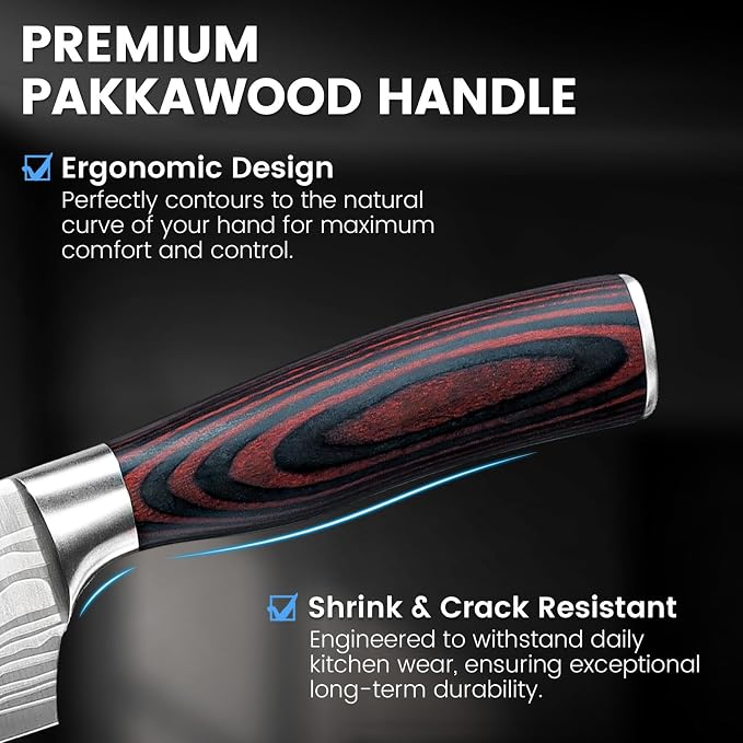 DiiHAUZZ 7" Santoku Knife, Japanese Chef Knife with Non-Stick Granton Edge | High Carbon Stainless Steel, Razor Sharp Edge, Ergonomic Handle, No Crack or Shrink Pakkawood, 59HRC, Sheath & Gift Box