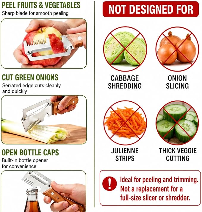 Left & Right Hand Vegetable Peeler Set with Scallion Slicer & Bottle Opener, Heavy-Duty Thick Stainless Steel Blade, Multi-Function Kitchen Peeler with Wooden Handle for Fruits & Vegetables(New 2pcs)