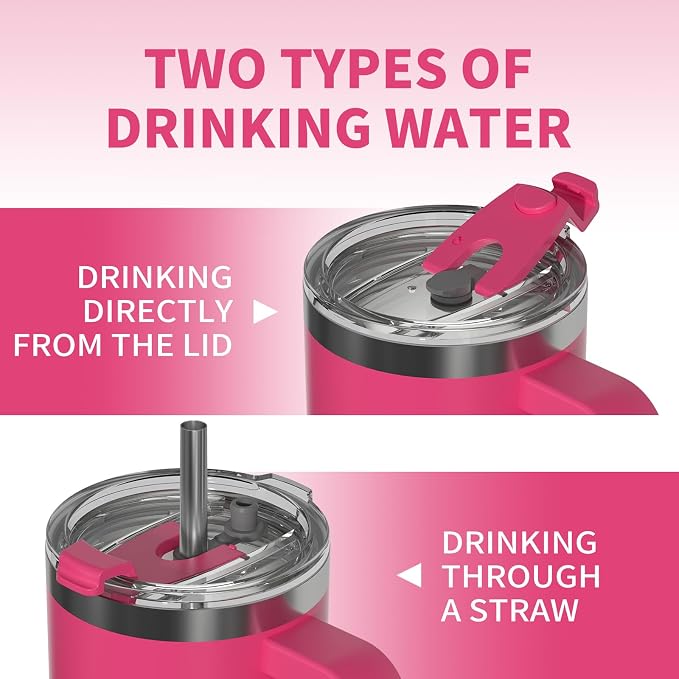 40 oz Tumbler with Handle,Tumbler with Lid and Straw,Double Wall Insulated Cup Stainless Steel Travel Mug(Cold for 34 Hours),Water Bottle for Iced Tea,Coffee,Cold Beverages(Gloss Pink)