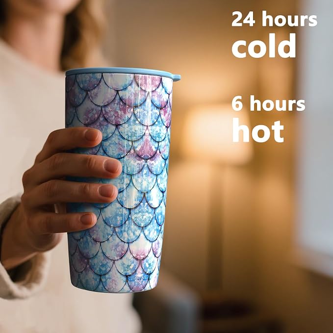 TILUCK 20 oz Insulated Coffee Tumbler with BPA-Free Lid | Travel Coffee Mug, Dishwasher Safe, Cup Holder Friendly, Double-Wall Vacuum Insulation for Hot & Cold Drinks, FishScales
