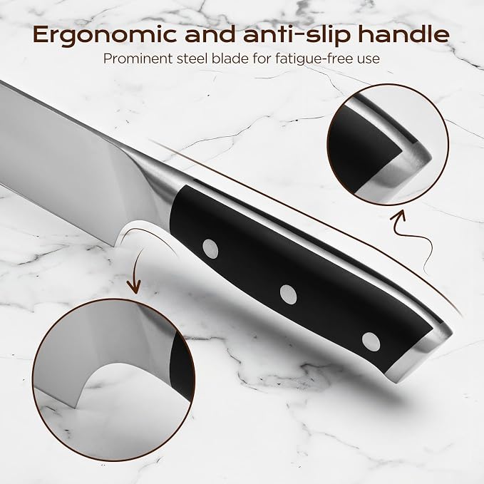 14 PCS Knife Set with Oak Wood Block,High Carbon Stainless Steel Kitchen Knife Set with Chef Knife, Santoku, Bread, Paring,Steak Knives, Kitchen Shears Sharp Knife Block Set with Sharpener