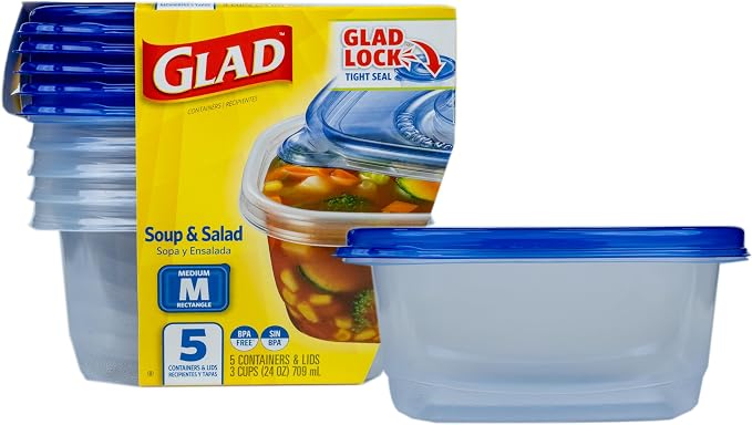 Glad GladWare Medium Rectangle Food Storage Containers, 24 Oz, 5 Count | Airtight, leak-resistant containers for soups, salads, and meal prep; microwave, dishwasher, and freezer safe