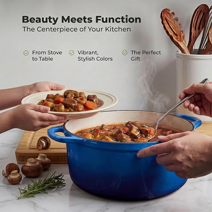 Zulay Kitchen 6.4QT Enameled Cast Iron Dutch Oven Pot with Lid, Heavy-Duty Soup Pot for Stews, Braising, Roasting & Sourdough Bread Baking, Oven Safe up to 500°F - Blue
