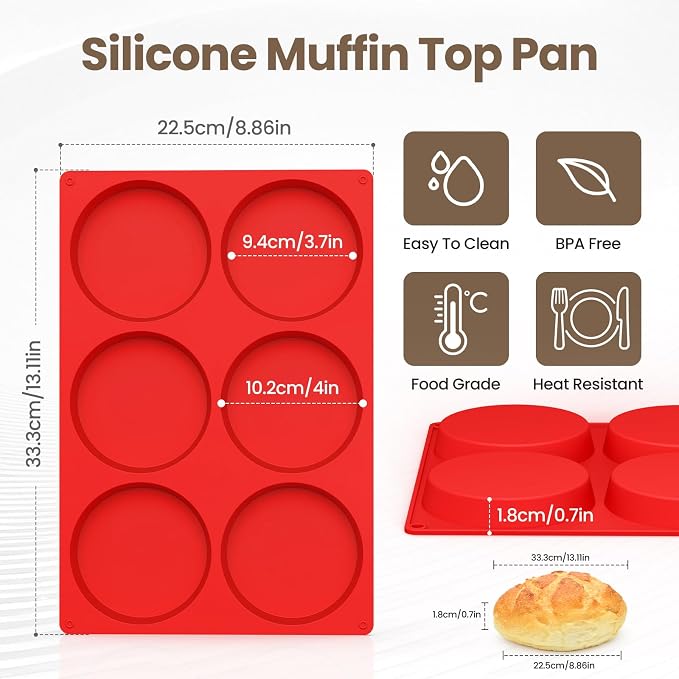 Redfly Silicone Egg Molds for Breakfast Sandwiches 4 Pcs, Non Stick 4 Inch Egg Bites Baking Pans, Jumbo Silicone Muffin Pans for Baking, Round Muffin Top Pan for Whoopie Pie Pan, Hamburger, Fruit Tart