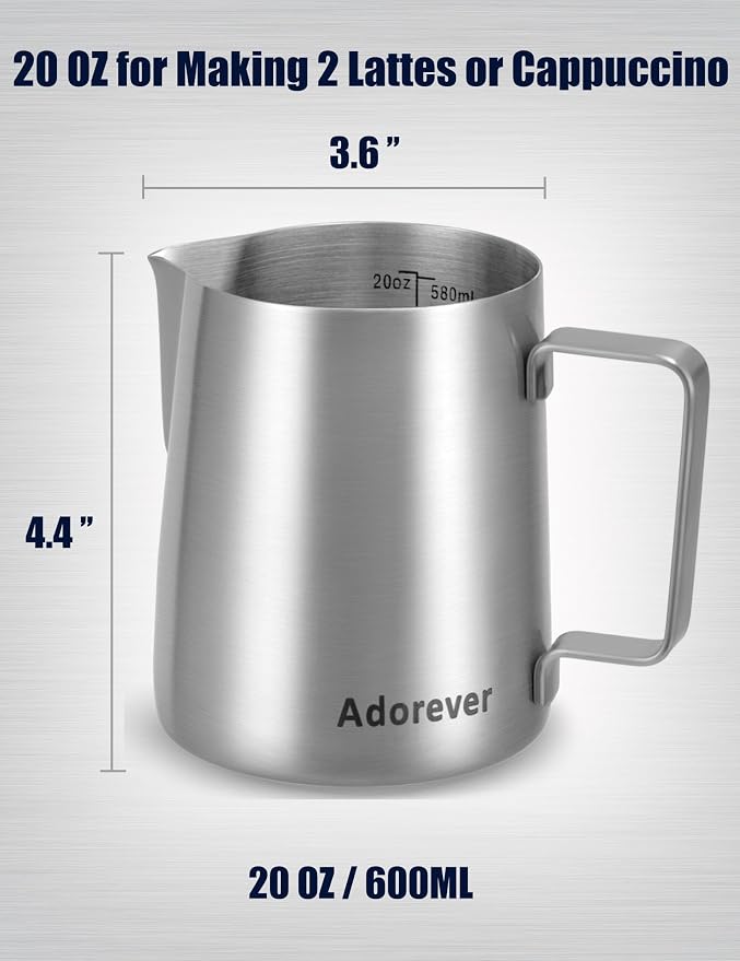 Milk Frothing Pitcher, 20oz Stainless Steel Milk Frother Cup Steaming Pitcher, Cappuccino Espresso Accessories Coffee Bar Barista Tools, Metal Steamer Cup Milk Jug with Latte Art Pen, Matte Steel