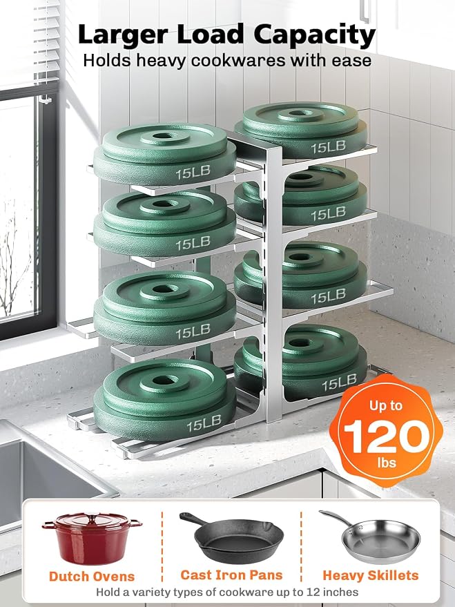 MUDEELA 8-Tier Heavy Duty Pots and Pans Organizer, 15.83" H Sliver | Adjustable pot rack, Holds frying pans and cast iron skillets, Heavy-duty steel. Fits under cabinet, Easy Assembly