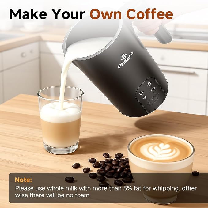 Philorn 4-in-1 Electric Milk Frother and Steamer, Frother for Coffee - Quick Hot & Cold Foam, Warm Milk, 350ml/11.8oz, Quiet, Auto Shut-Off, Non-Stick, for Coffee Lovers, Home & Office
