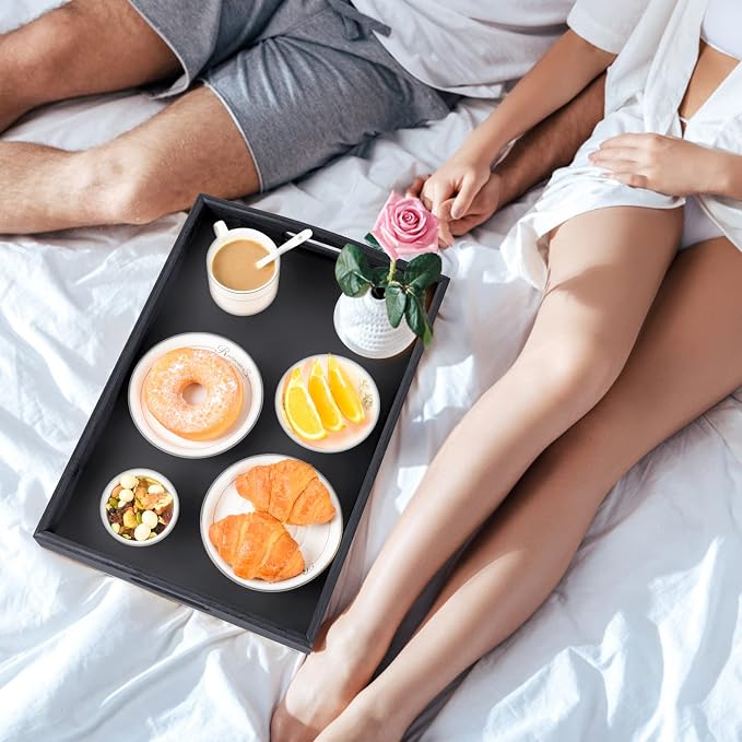 3 Pack Bamboo Serving Trays with Handles, Wooden Food Trays (Black | Bamboo Food Trays, Perfect For Breakfast In Bed, Sofa Dining, Serving Drinks, Snacks, And Everyday Organization