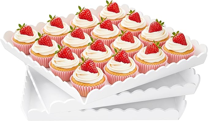 3 Pack Acrylic Serving Trays, 11.6 x 11.6 Inch Scalloped Serving Platter for Food Coffee Fruit, Glossy White Acrylic Dessert Catering Drink Tray for Party Table, Cupcake Plates for Birthday Party