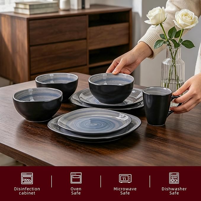 HomeVss, Stoneware Square 16pc Dinnerware Set, Inside Spinwash Swirl Grey + Outside Black