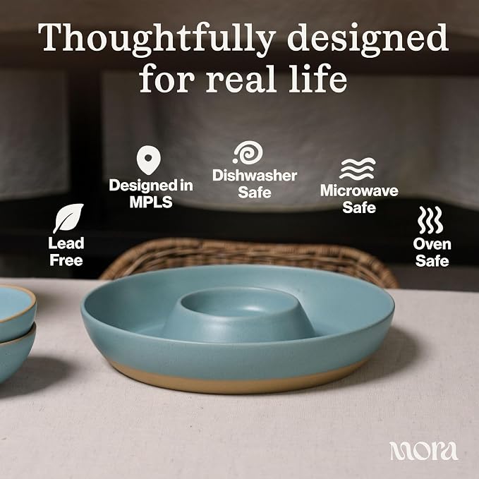 Mora Ceramic Chips and Dip Serving Tray: Large Divided Party Bowl Set for Chips & Salsa, Veggies & Dip, Fruit, Snacks, Entertaining, Hosting, etc. Minimalist Design for the Modern Hostess - Liquorice
