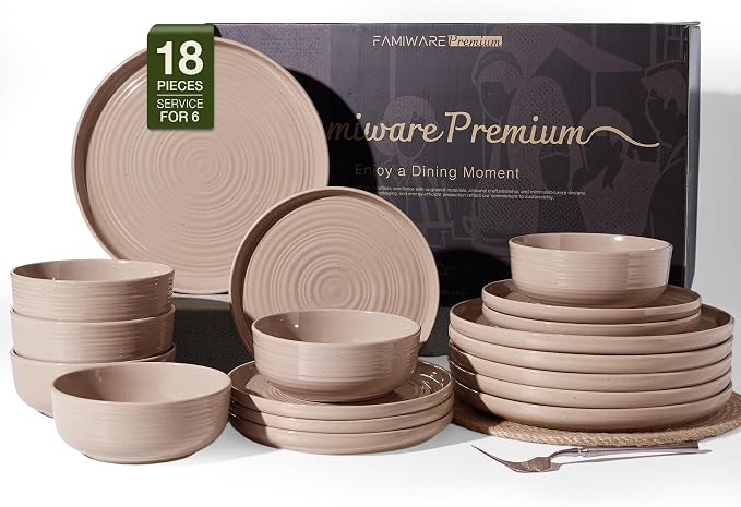 Stoneware Dinnerware Sets for 6, Plates and Bowls, Brown | 18-Piece Ceramic Speckled Spiral Dishes, Chip & Scratch Resistant, Microwave & Dishwasher Safe, Everyday Use, Farmhouse Style