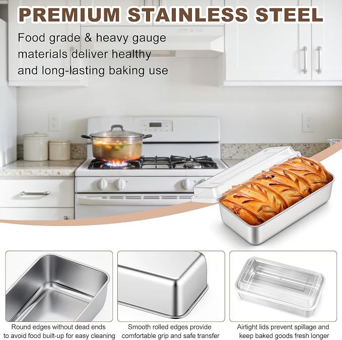 TeamFar Loaf Pan for Baking Bread, 9 x 5 Inch Bread Pan with Lid, Set of 2 | Stainless Steel Meatloaf Pan Tin for Homemade Bread, Brownies, Meal Prep, Storage, Healthy & Dishwasher Safe