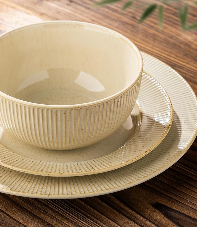 Ceramic Dinnerware Set for 4, 12-Piece Plates and Bowls Set | Lightweight Porcelain Dish Set, Scratch Resistant, Oven & Microwave & Dishwasher Safe, Cream Latte