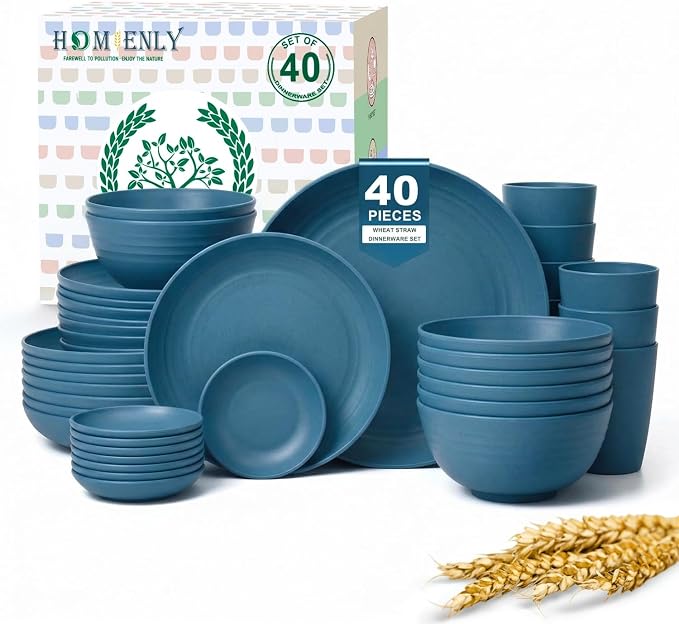 Wheat Straw Dinnerware Sets for 8, 40 Pcs Unbreakable Plates and Bowls Sets, Microwave Dishwasher Safe Dish Set, Reusable Plastic Dishes for Kitchen, Camping, Deep Plates for Salad (Blue)