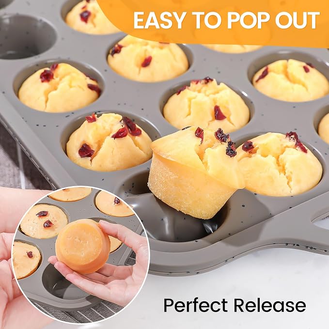 CAKETIME Silicone Muffin Pans for Baking, Metal Reinforced Frame Regular 12 Cups & Mini 24 Cups Cupcake Pan Set Nonstick Muffin Pan for Homemade Baking Easy to Handle
