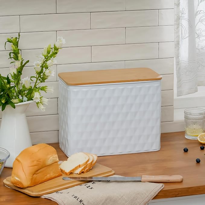 Extra Large Diamond Pattern Embossed Bread Box with Bamboo Lid | Corner Breadbox for Homemade Bread, White Metal Bread Storage Container Bin for Kitchen Countertop, Fits 2 Loaves of Bread